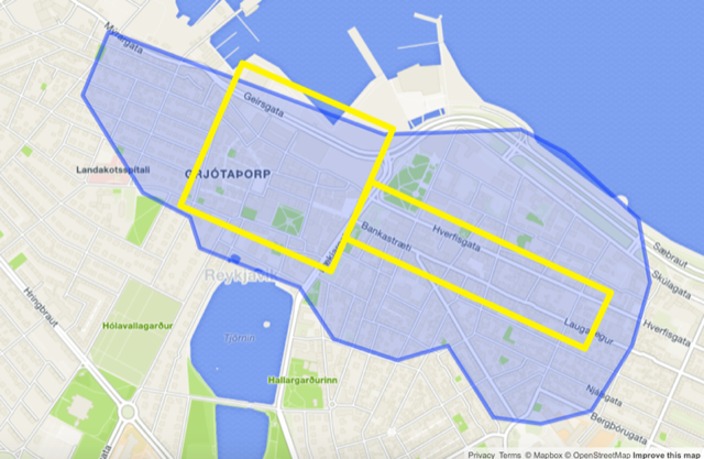 A close map showing the recommended streets and central zone in Reykjavik.