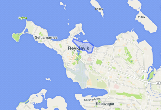 A broad map showing the recommended area to stay in Reykjavik.