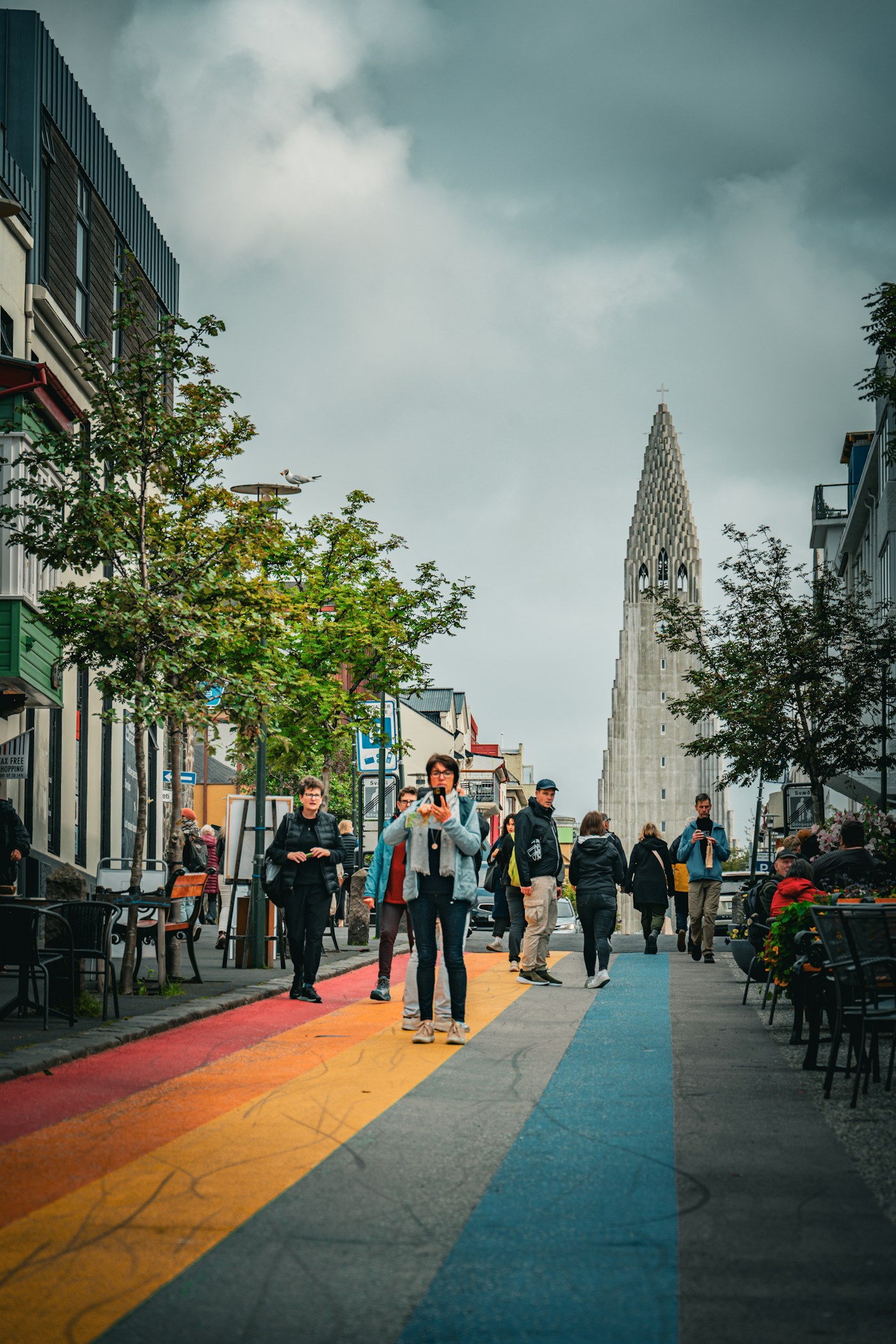 Rainbow Street in Reykjavik leading toward Hallgrimskirkja.